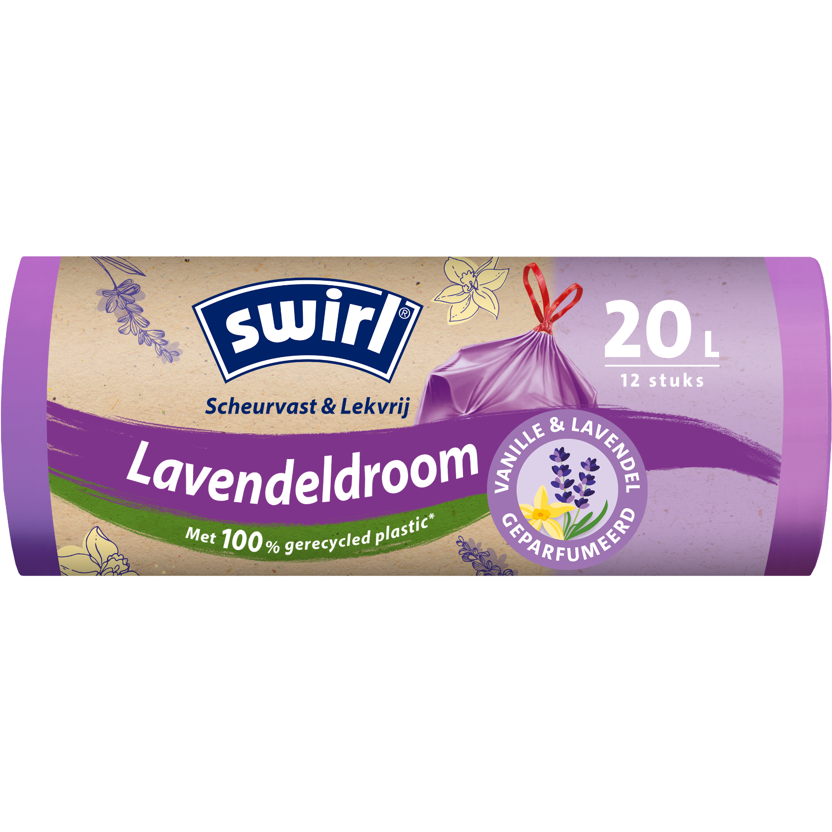 Swirl-vuilniszakken met vanille-lavendelgeur – voorkant verpakking – 20 liter
