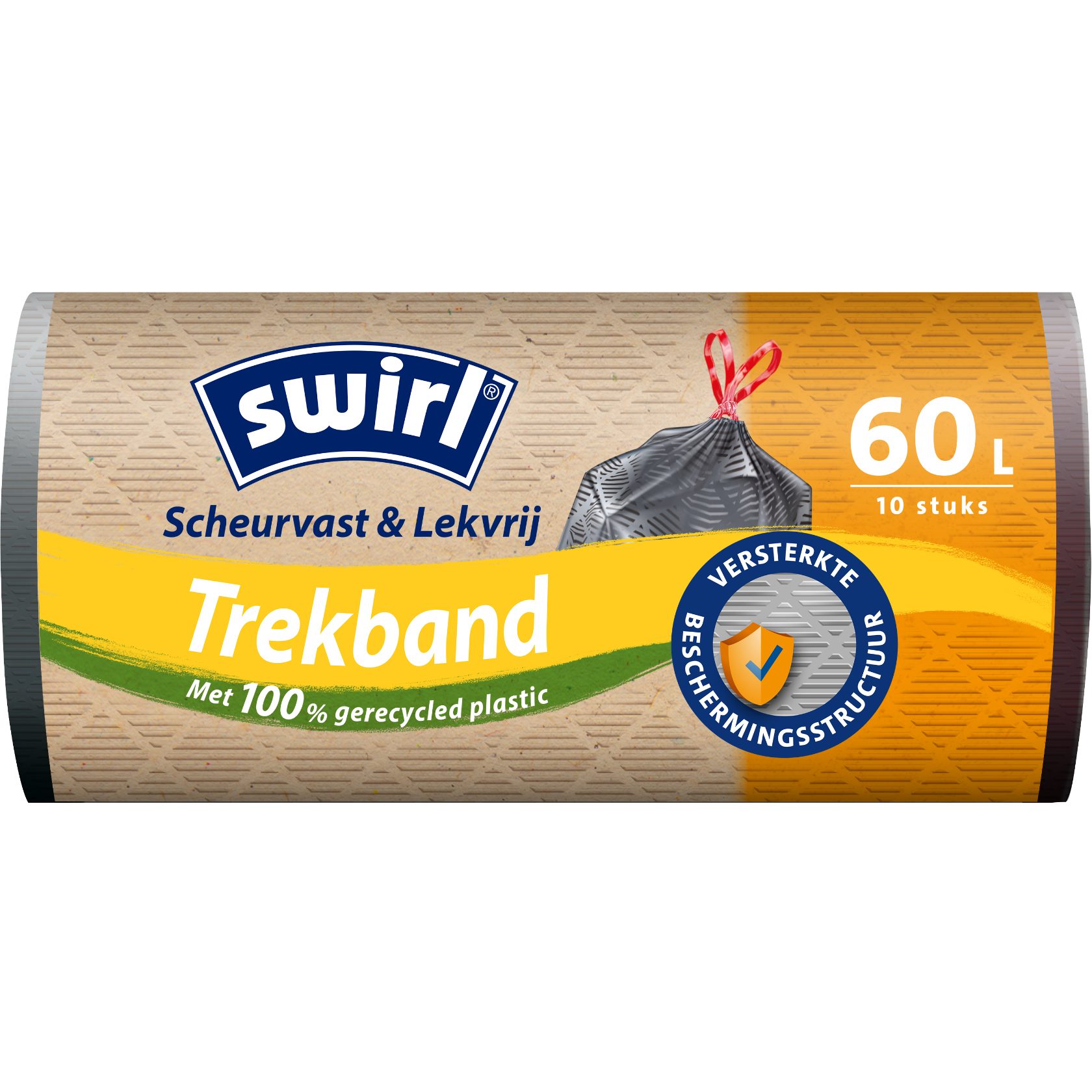 Swirl scheurvaste en lekvrije vuilniszak met trekkoord – voorzijde verpakking – 60 liter