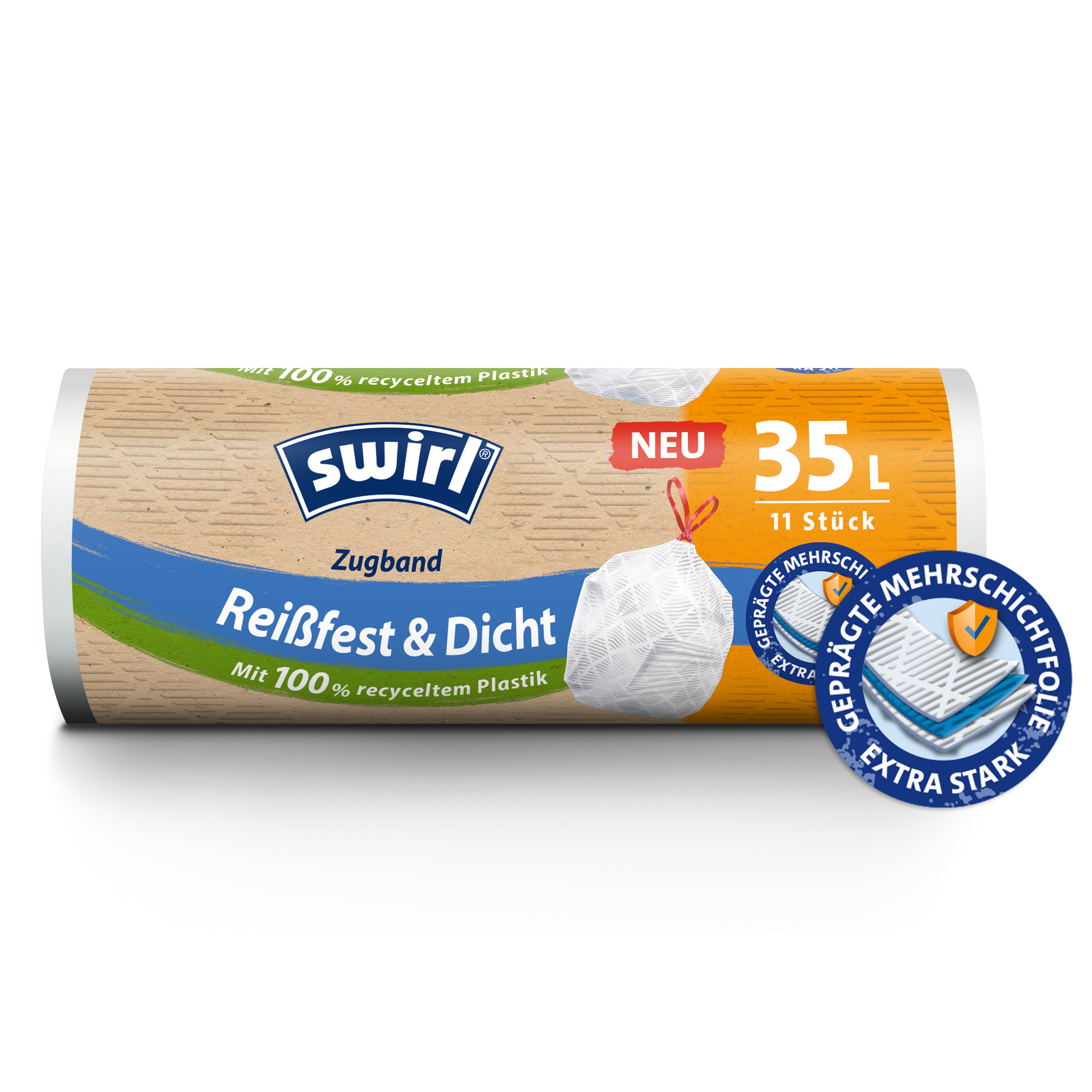 Swirl reißfest und dicht Zugband-Müllbeutel Verpackung Vorderseite - 35 Liter