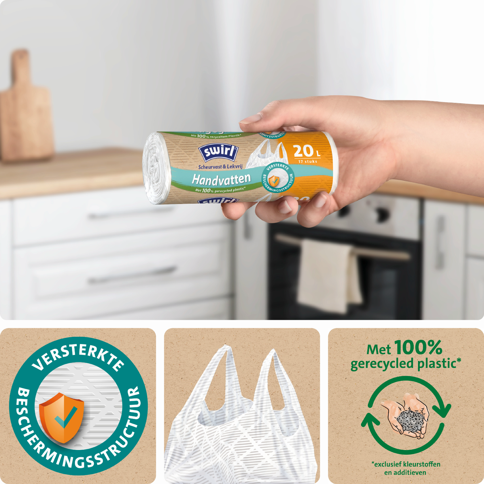 extra verstevigde folie, draaggreep, 100% gerecycled plastic