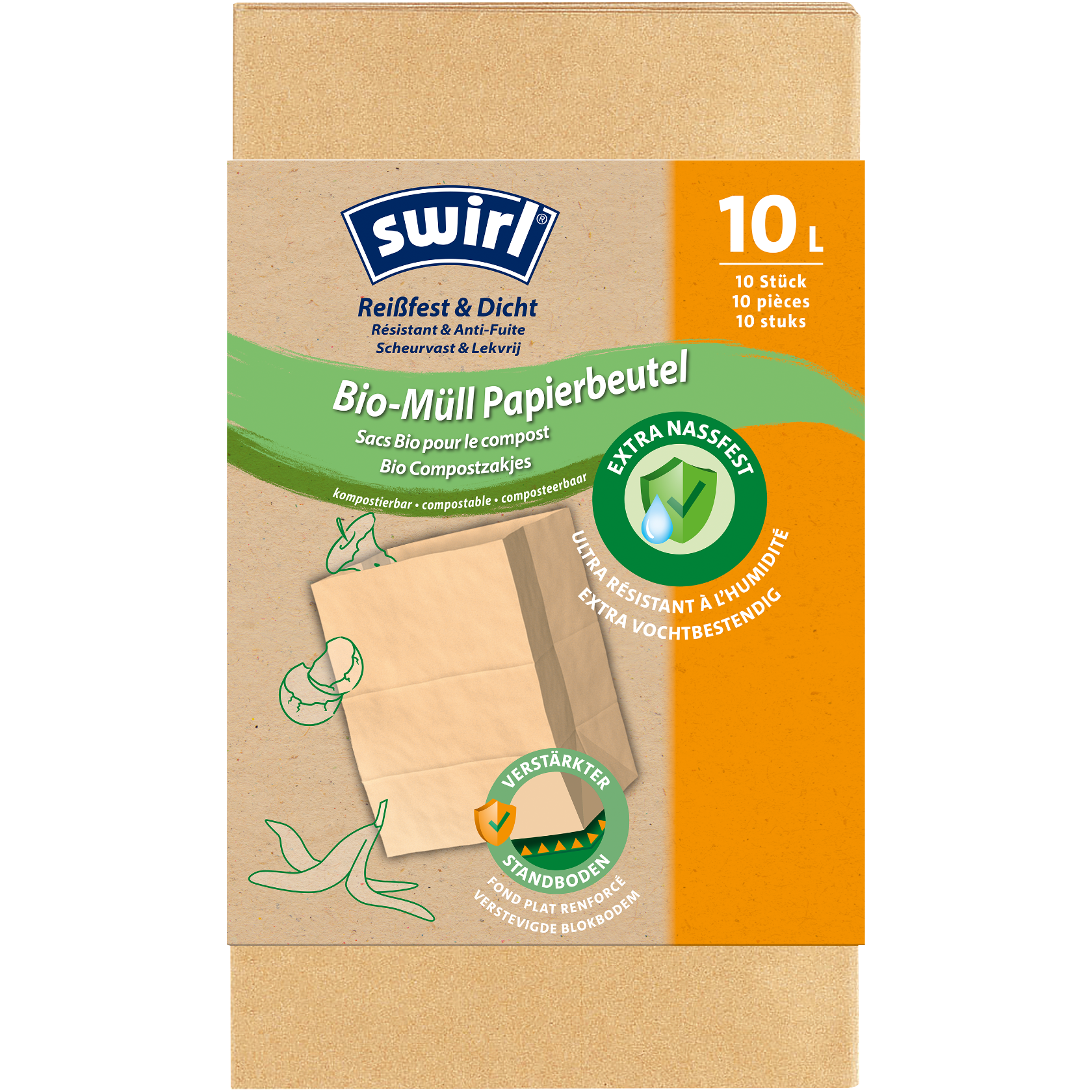 Swirl biologisch afbreekbare papieren afvalzakken, voorzijde - 10 liter, 10 stuks