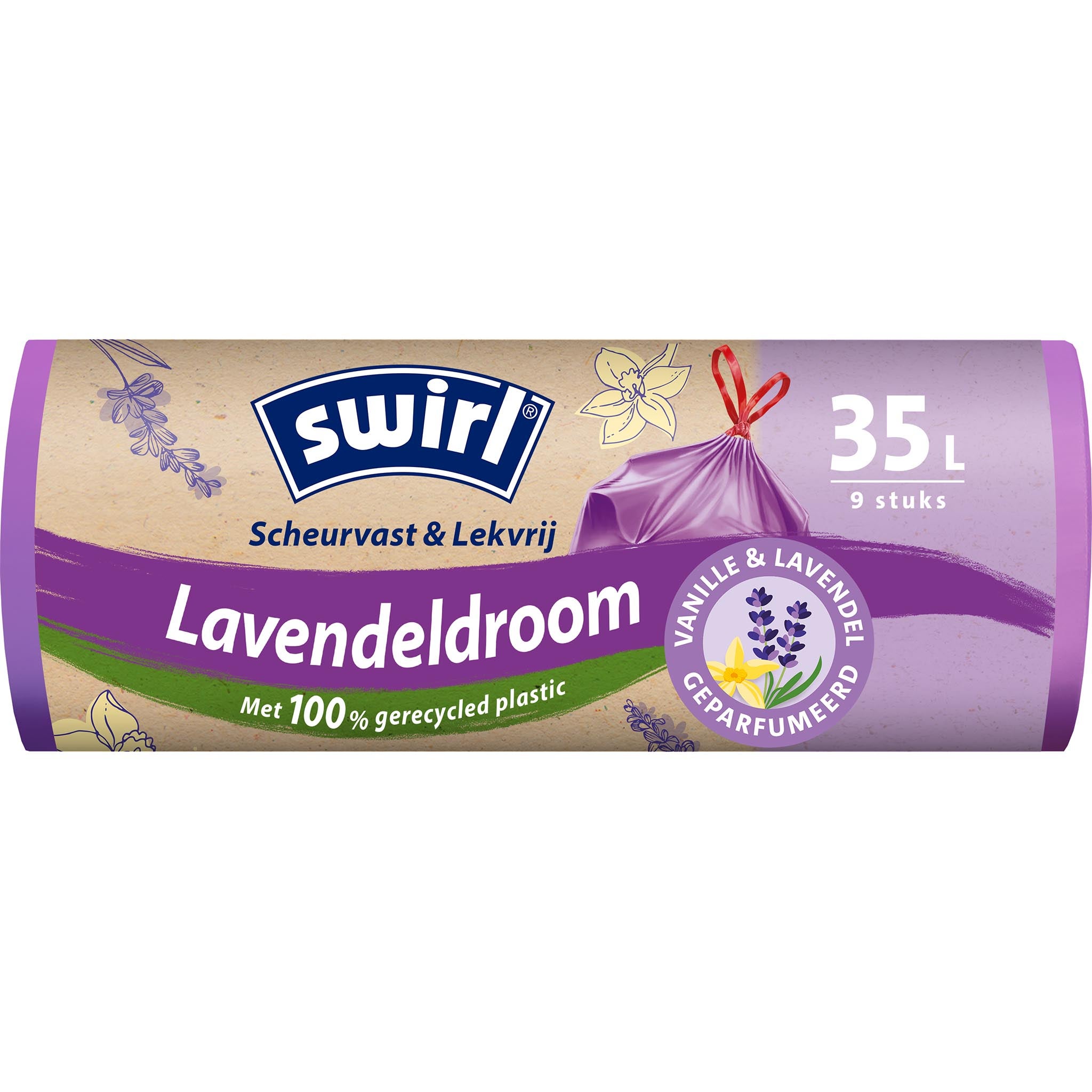 Swirl vuilniszakken met vanille-lavendelgeur, voorkant van de verpakking - 35 liter, 9 stuks