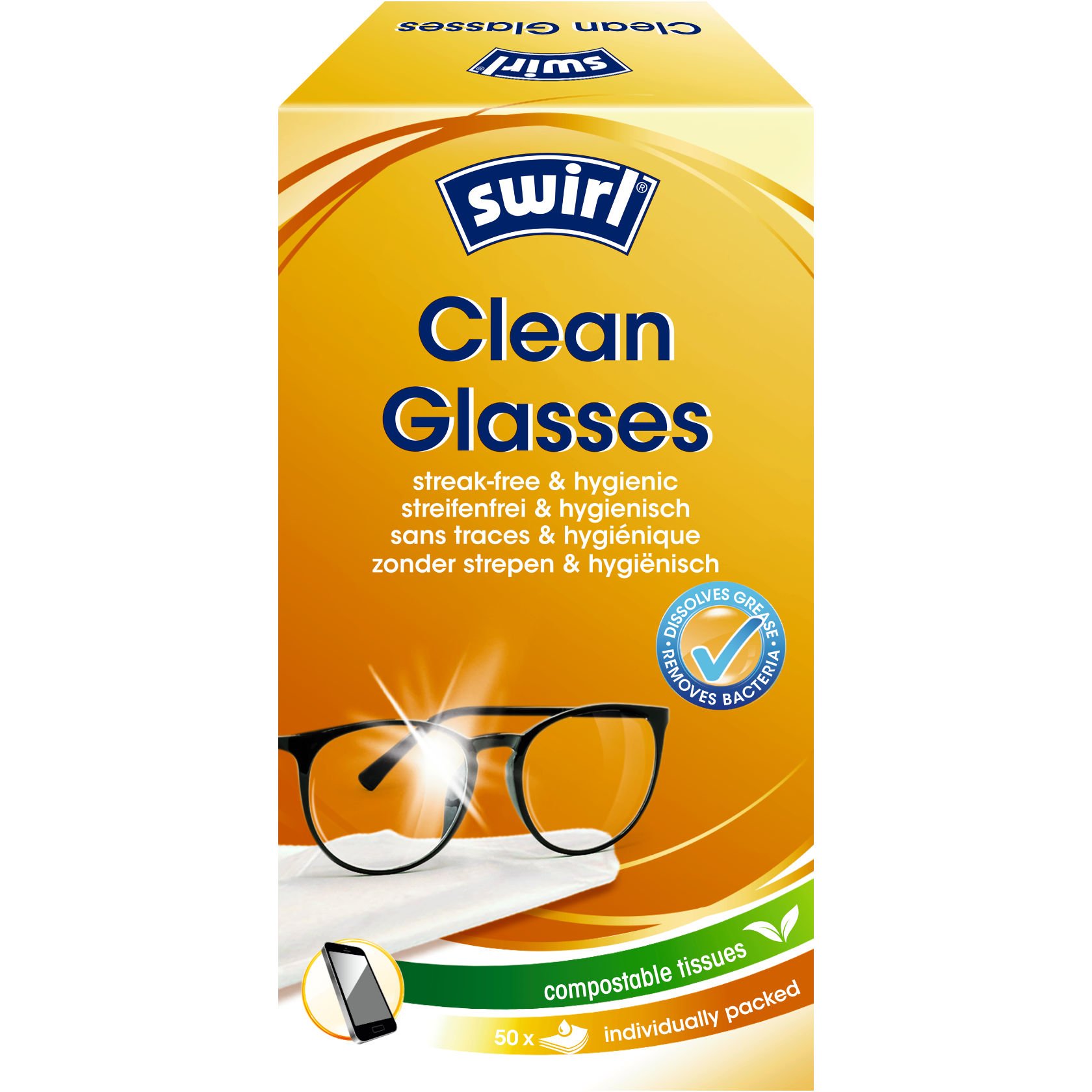 Swirl brillendoekjes, 50 stuks, voorkant van de verpakking