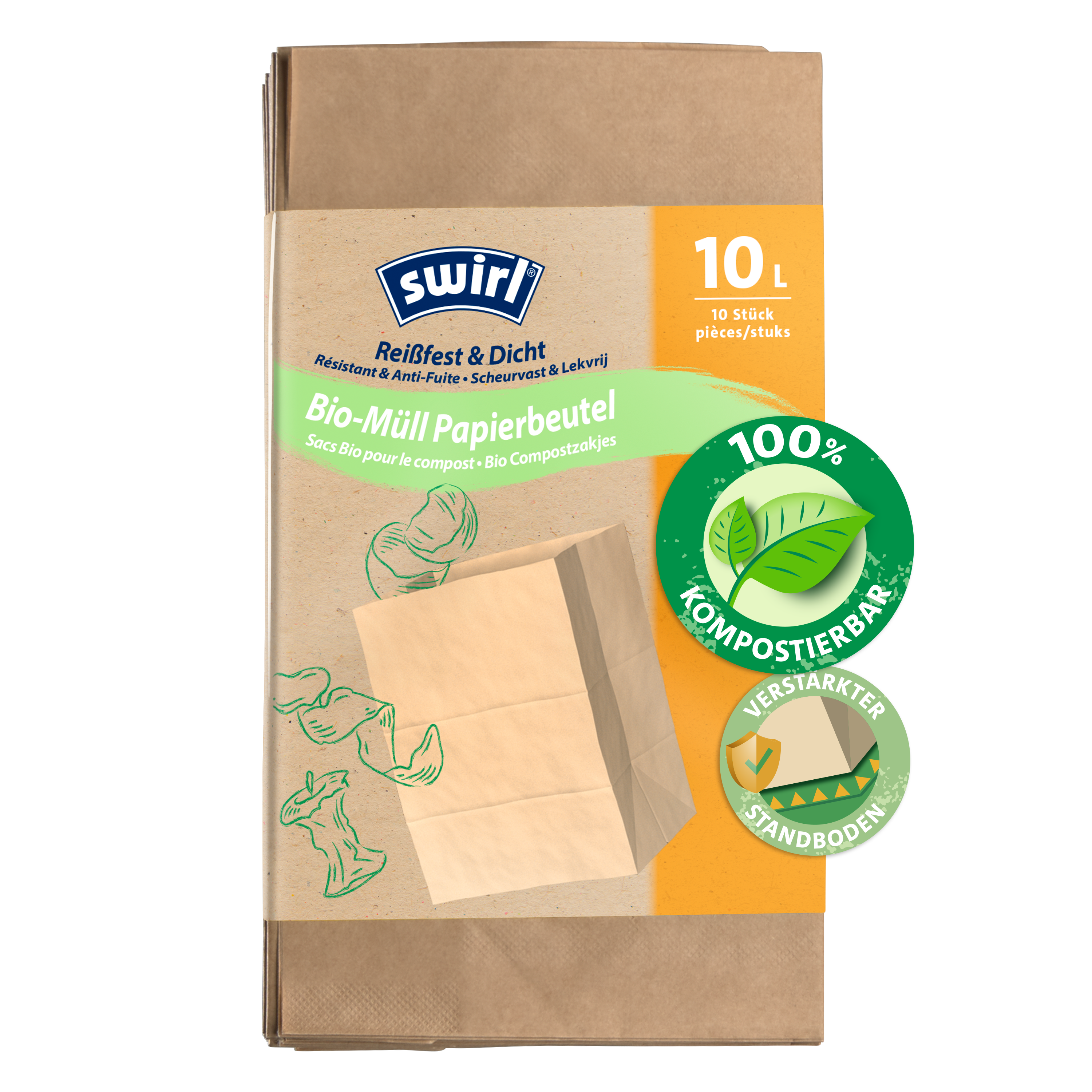 Swirl Bio-Müll Papierbeutel Verpackung Vorderseite - 10 Liter, 10 Stück