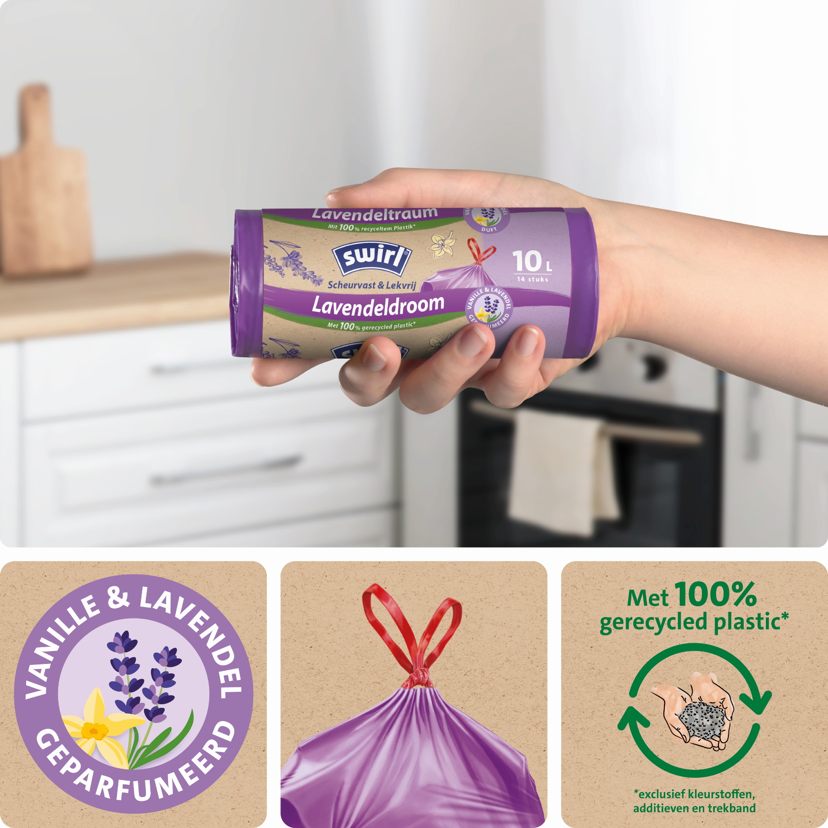 "Hand die een rol paarse Swirl geparfumeerde vuilniszakken van 10 liter met vanille- en lavendelgeur en 100% gerecycled plastic-pictogram vasthoudt, met daaronder illustraties van lavendel en vanille, een paarse vuilniszak en een recyclinglogo.