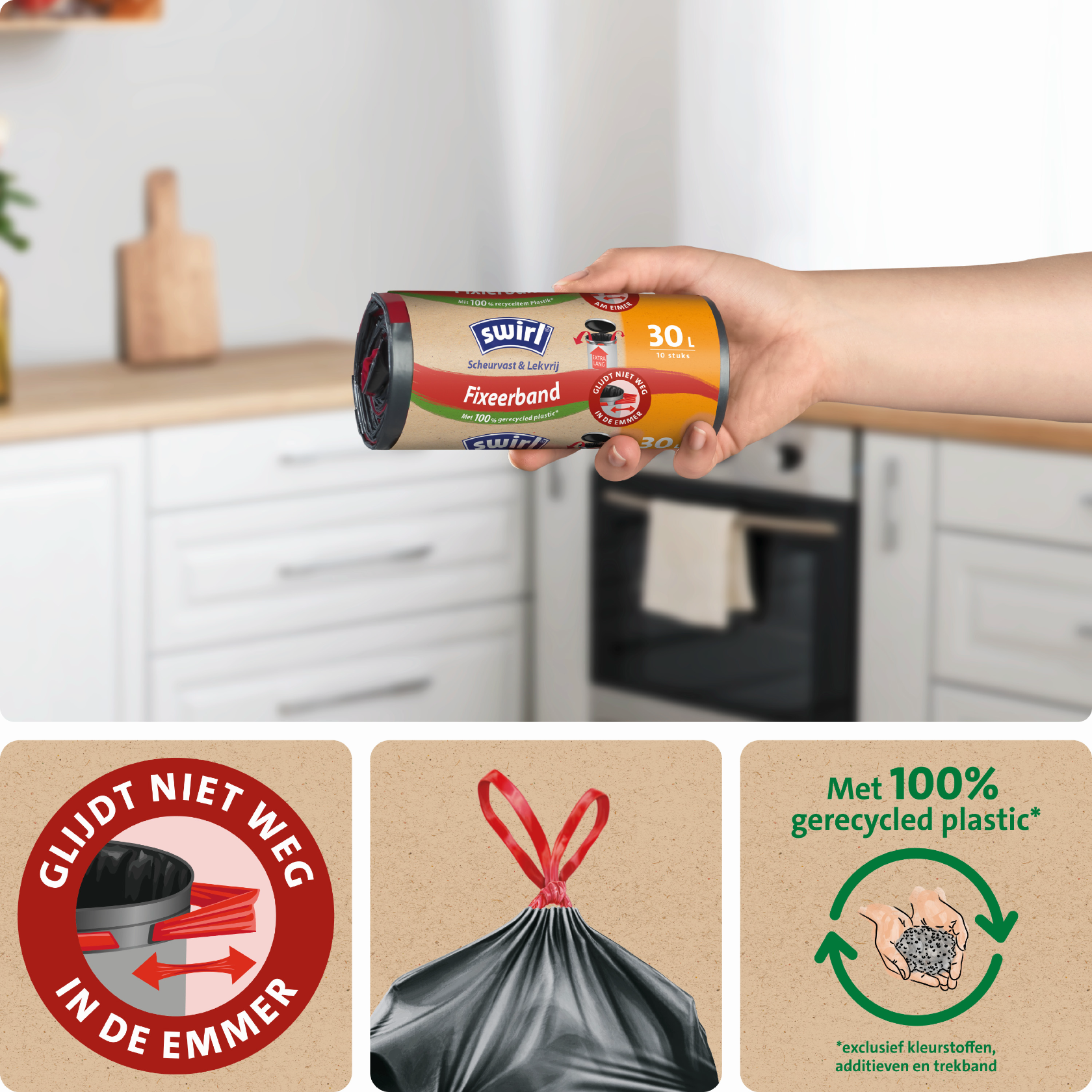 Stevige bevestiging aan de emmer, trekkoord, 100% gerecycled plastic