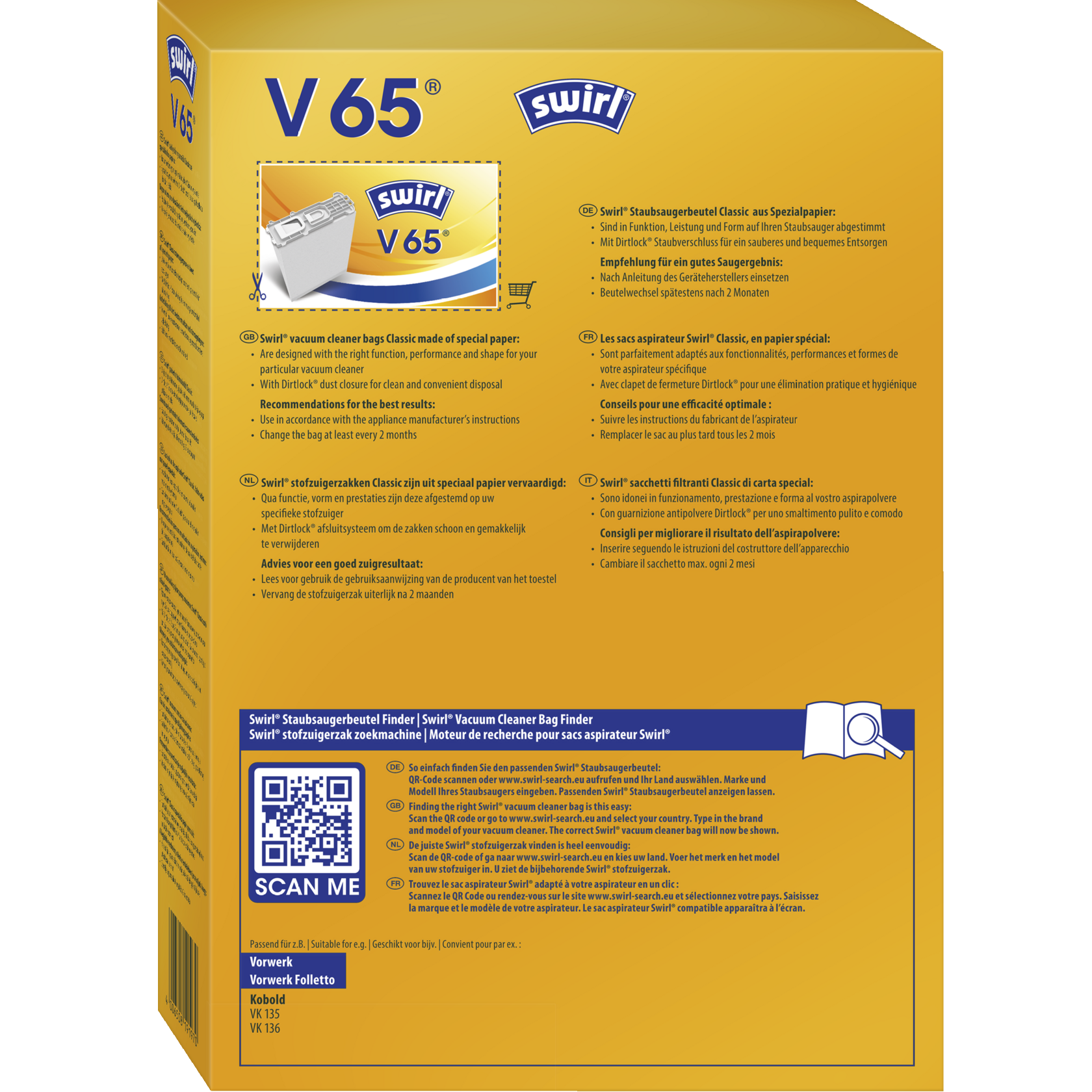 Swirl Classic Staubsaugerbeutel V 65 Verpackung Rückseite
