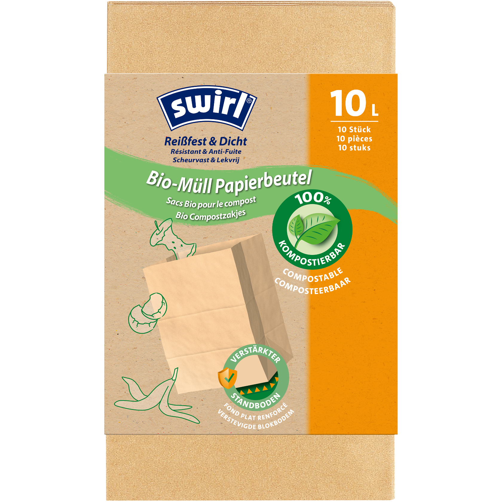 Swirl biologisch afbreekbare papieren afvalzakken, voorzijde - 10 liter, 10 stuks