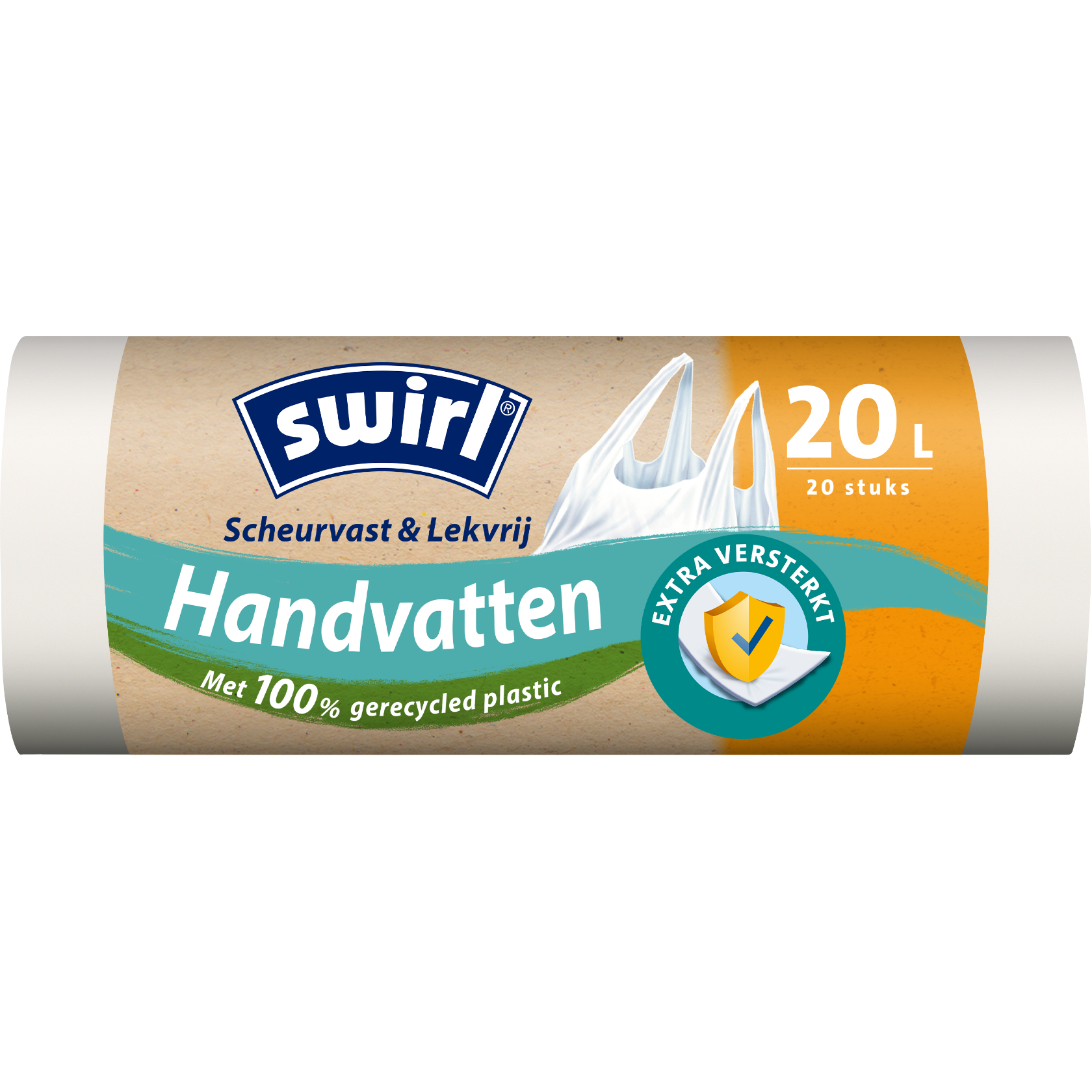 Rol Swirl afvalzakken met handvatten, 20 liter (20 stuks), 100% gerecycled plastic benadrukt.