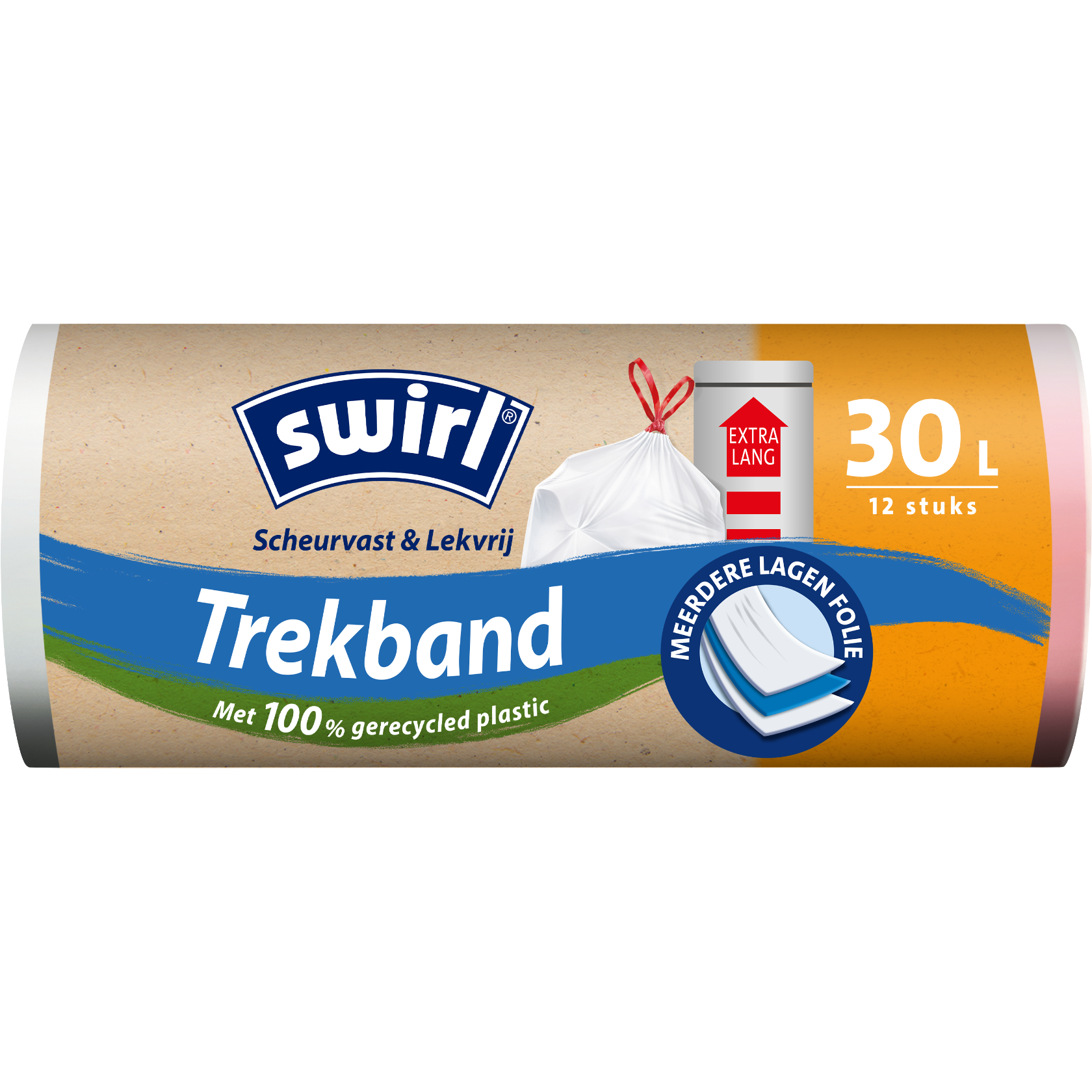 Swirl scheurvast en lekdicht vuilniszakken met draaggreep, verpakking voorkant - 30 liter, 12 stuks