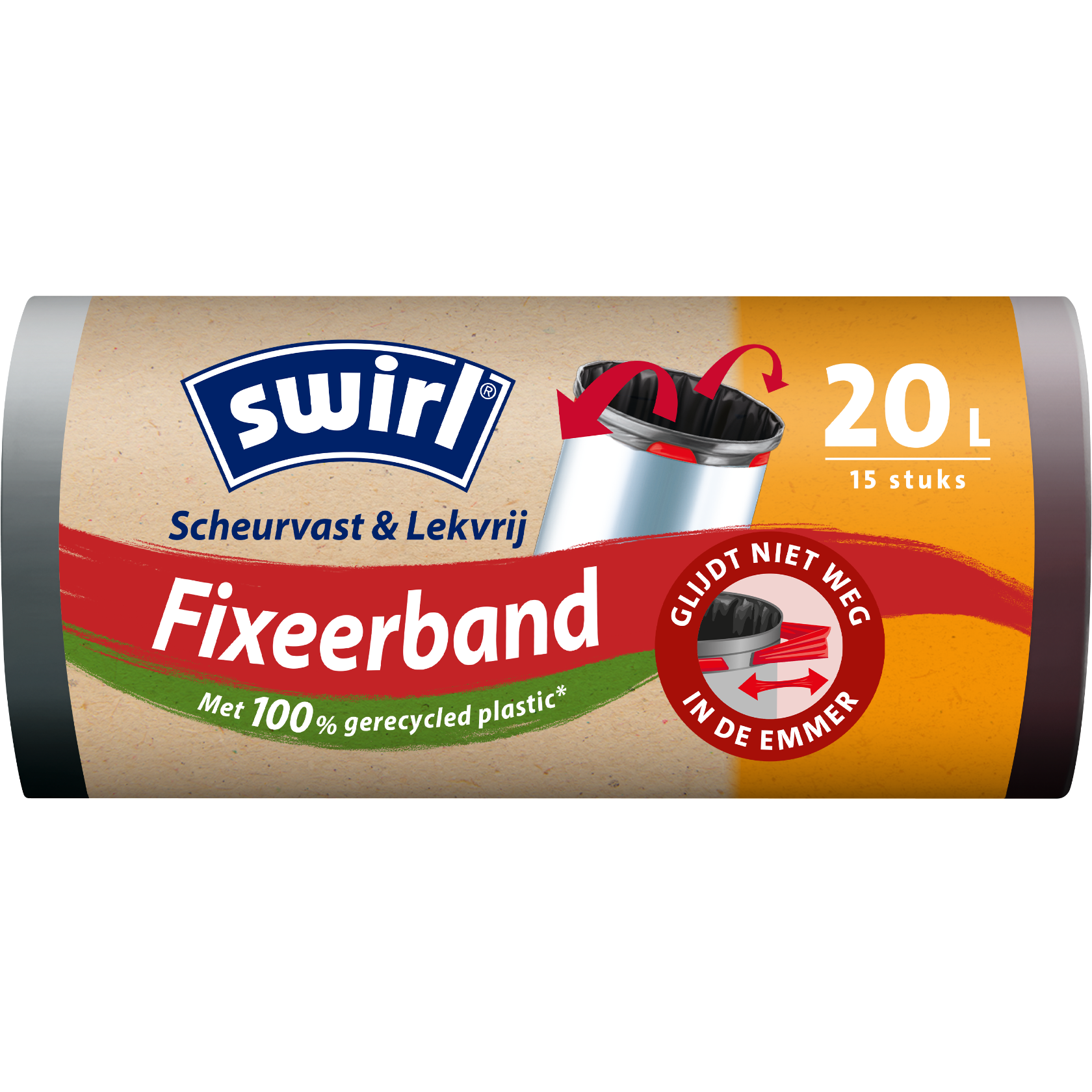 Verpakking voorkant Swirl-afvalzakken met sluitband - 20 liter, 15 stuks