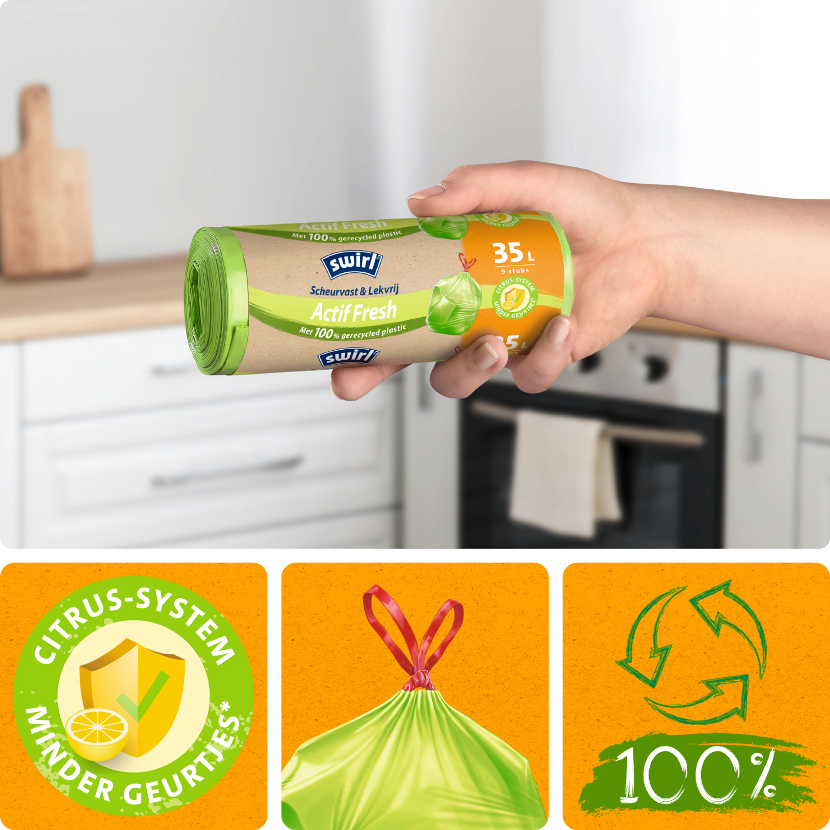 Hand die een groen rolletje Swirl vuilniszakken “Aktive Frische” van 35 liter vasthoudt in een keuken; onderaan drie oranje vakken met links een icoon “Zitrus-Schutz – reduceert geurtjes”, in het midden een dichtgeknoopte groene vuilniszak en rechts een groen recycling-symbool met “100%” voor gerecycled plastic.  