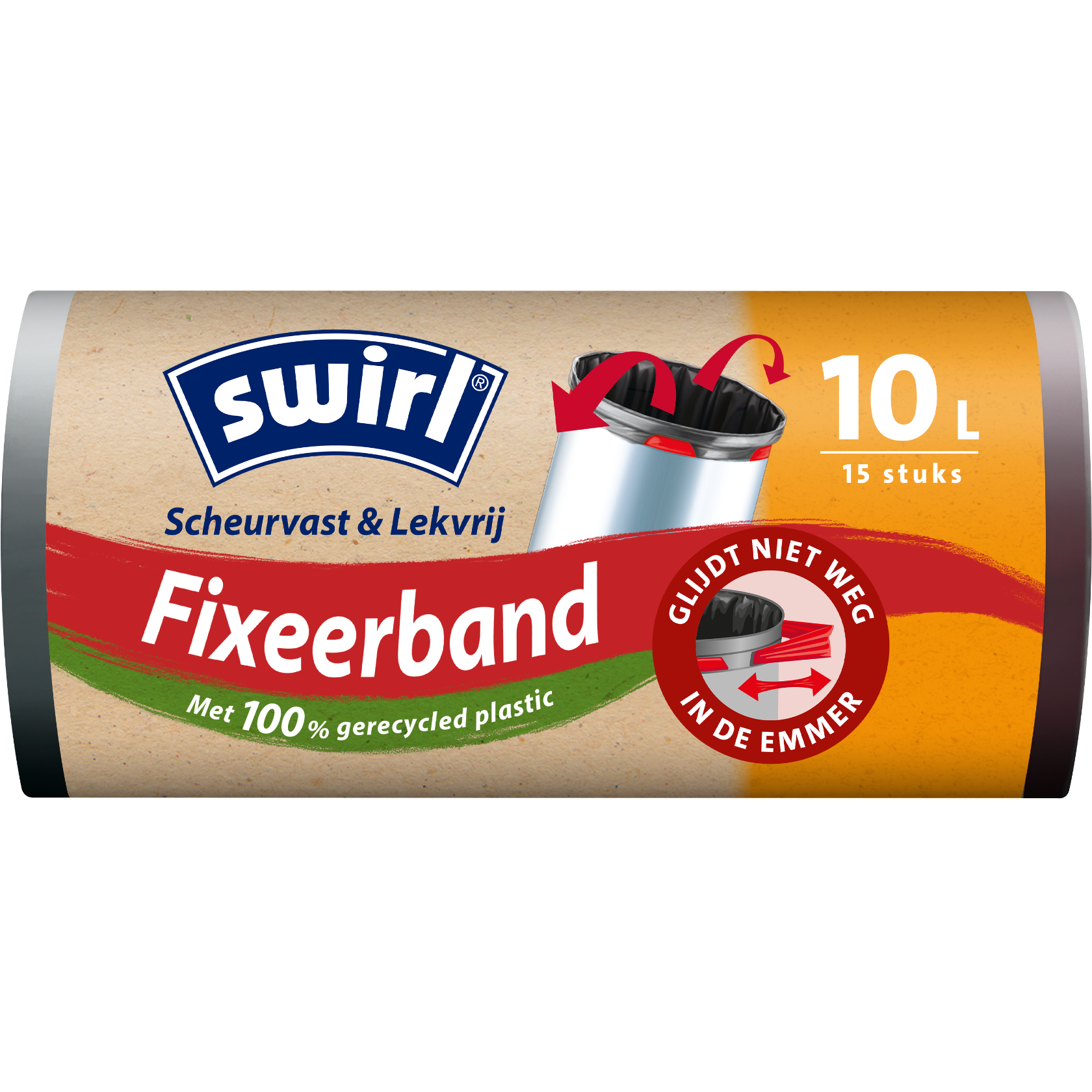 Verpakking voorkant Swirl-afvalzakken met sluitband - 10 liter, 15 stuks