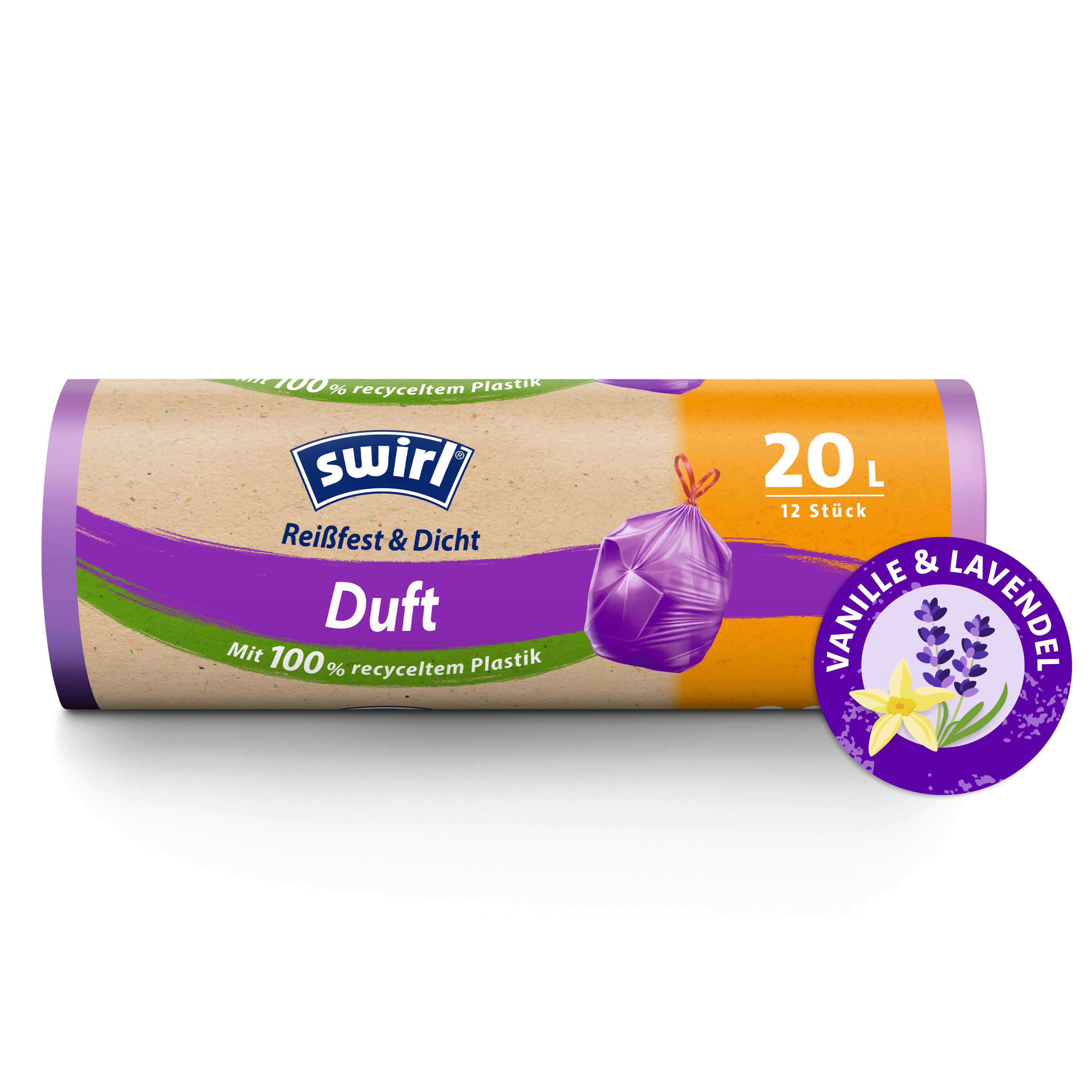 Swirl Vanille-Lavendel-Duft-Müllbeutel Verpackung Vorderseite - 20 Liter