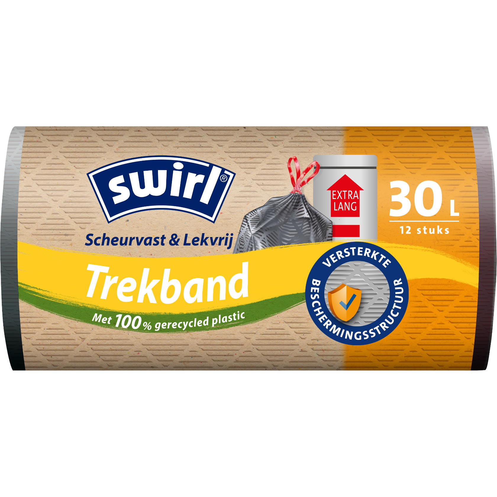 Swirl scheurvast en lekvrije vuilniszak met trekband – voorzijde verpakking – 30 liter