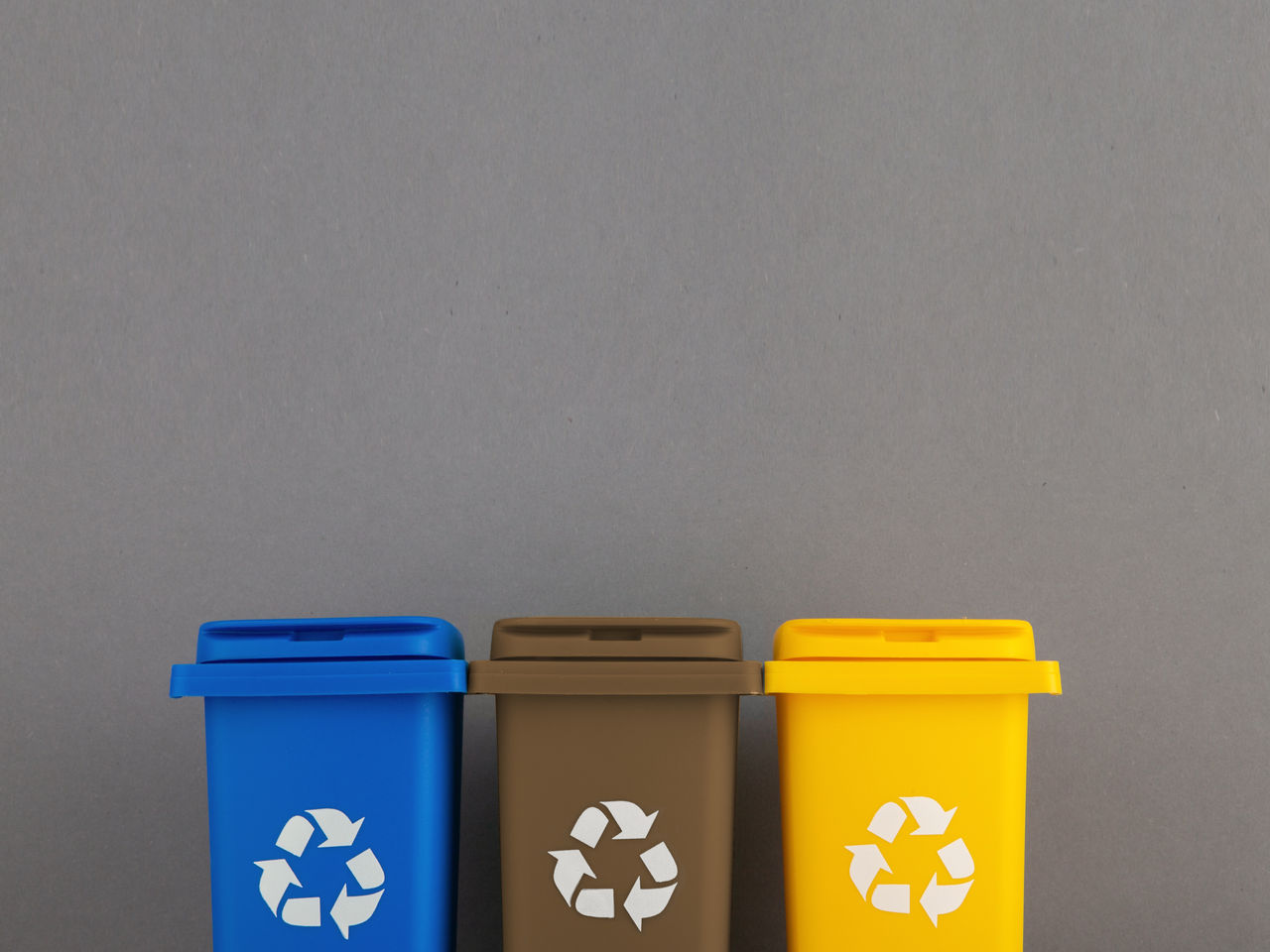 Blaue, braune und gelbe Mülltonne vor grauer Wand